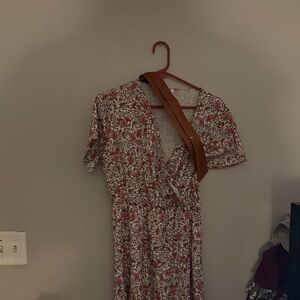 Floral Print Dress with Brown Belt